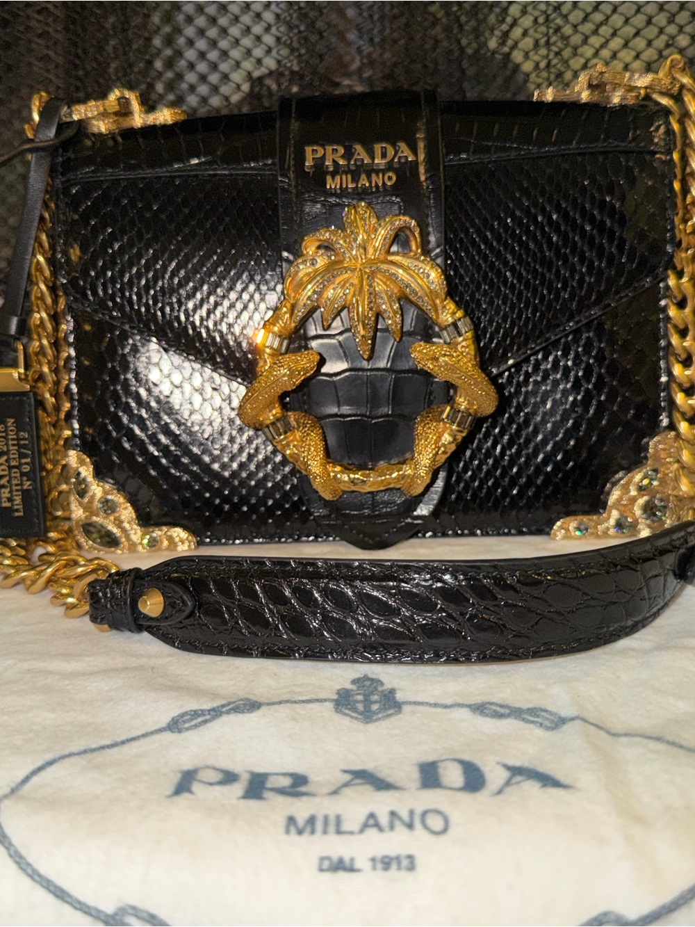 Prada Black real Croc/Snake Leather Crossbody with Gold-Tone Hardware